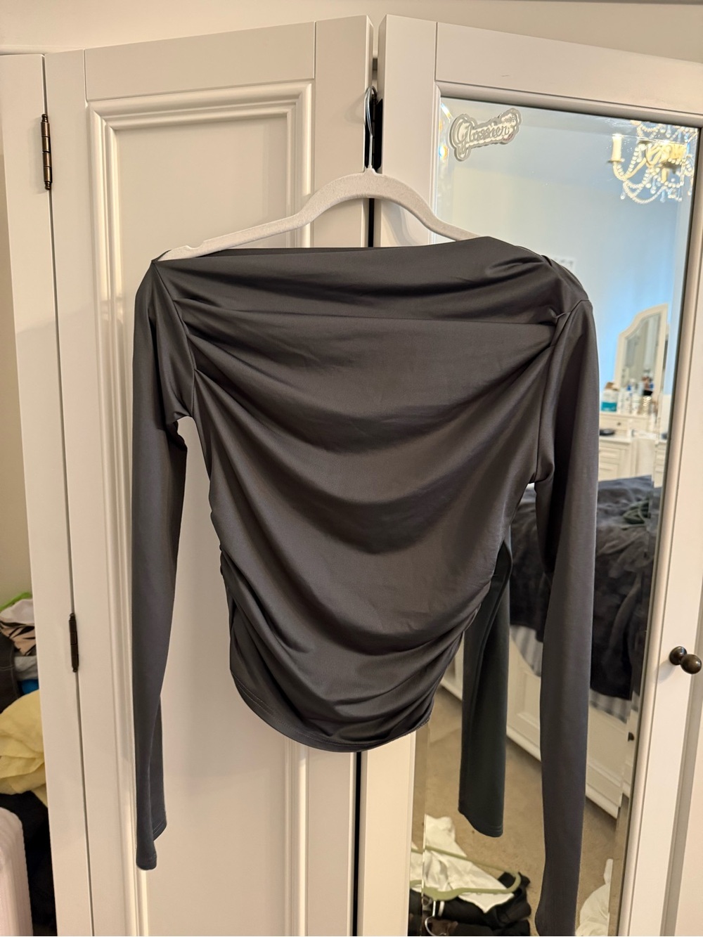 Ruched Back Long Sleeve Top in Charcoal Gray